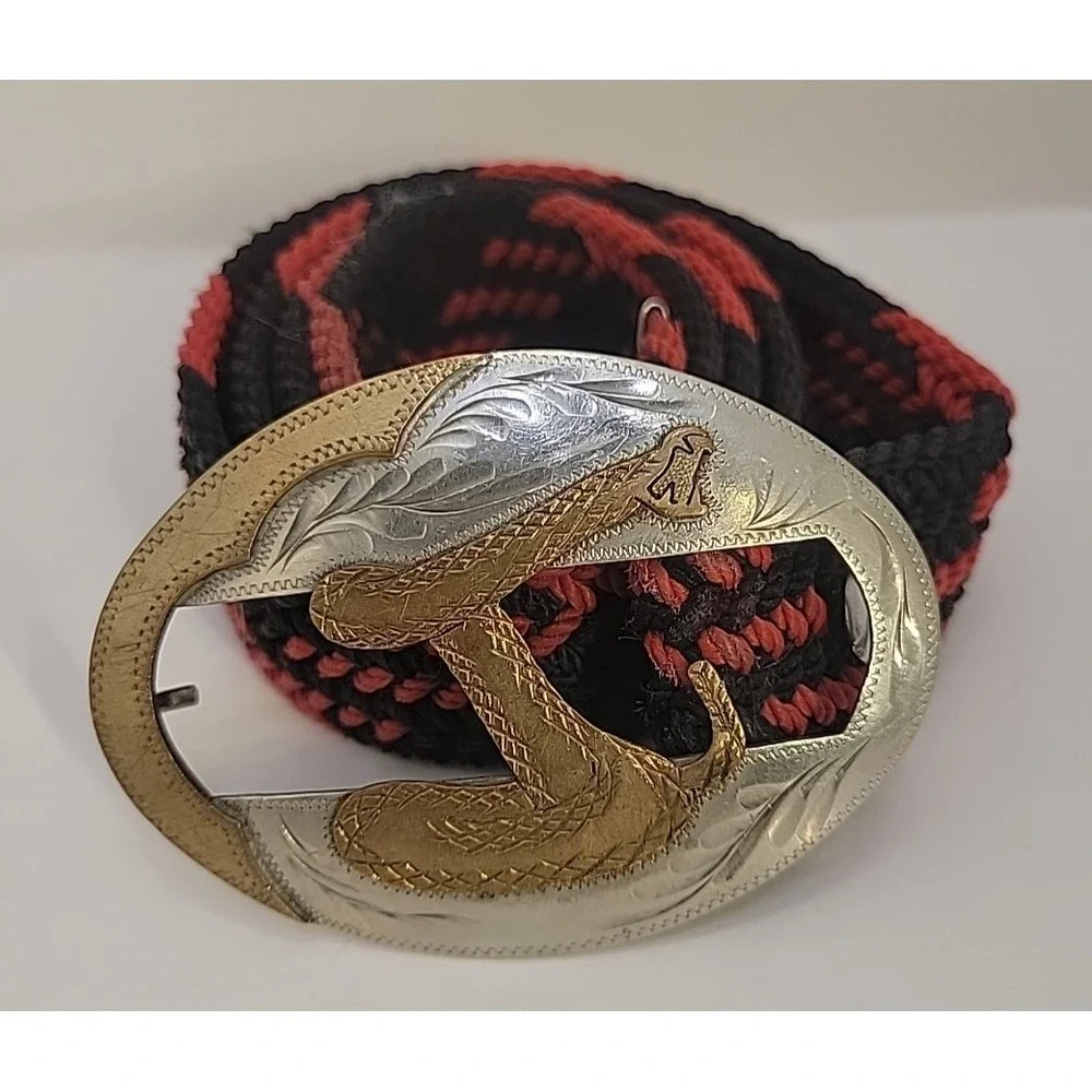 Vintage Western Snake Belt‎ Rattlesnake Buckle Braided Cord Cowboy